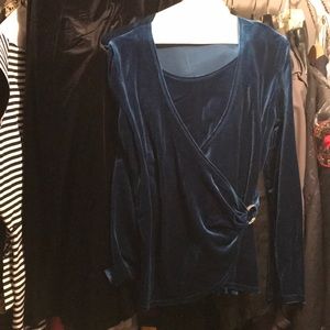 Peacock blue velvet top with black velvet skirt.